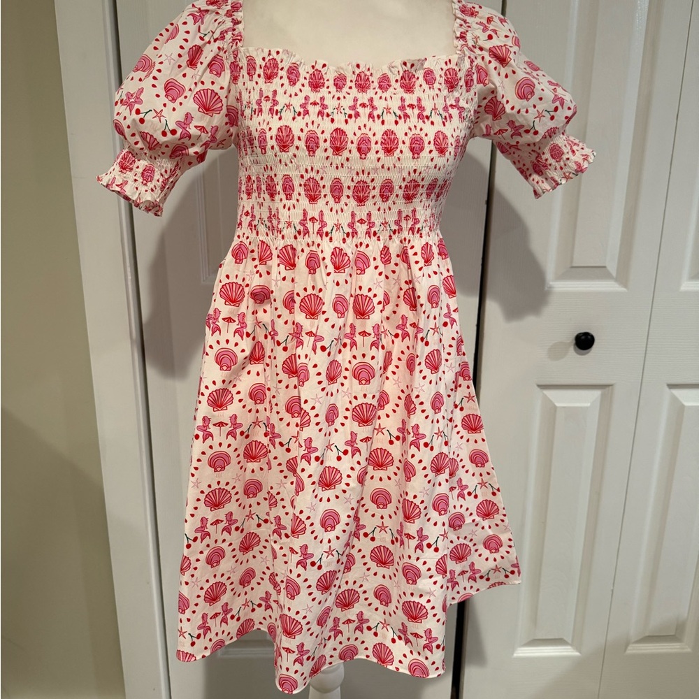 Hill House Pink Shell-Print Smocked Midi Dress, Size S - Picture 3 of 14